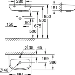 Grohe bau porselen servant vegghengt 55x39 cm m/overløp og pureguard overflate alpinhvit