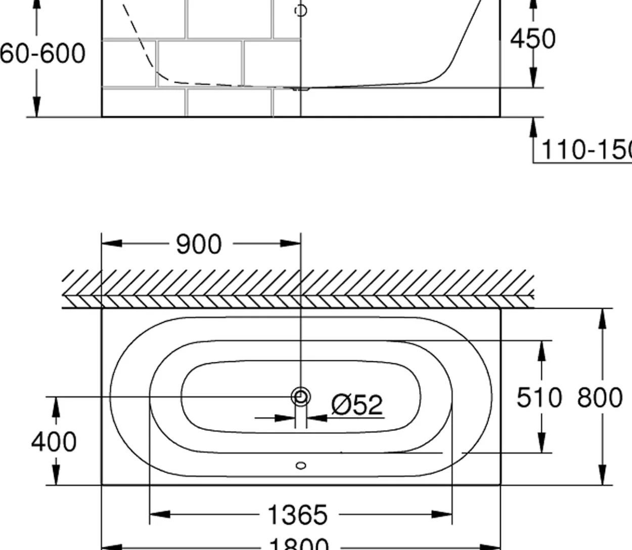 Grohe essence badekar 180x80 cm m/overløp for innbygging alpinhvit