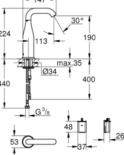 Grohe essence e 6v berøringsfritt servantbatteri u/temperaturregulering krom