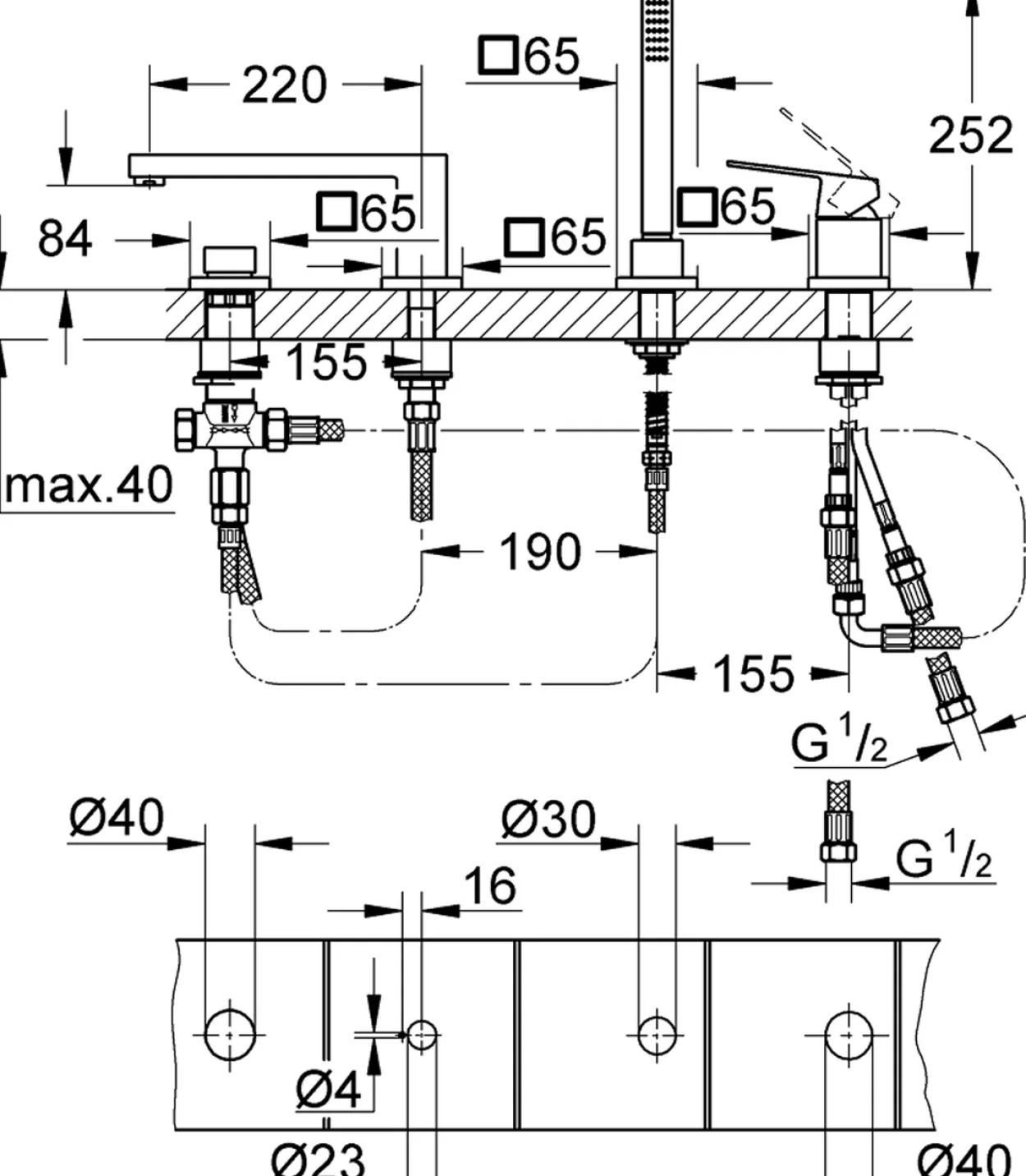 Grohe eurocube 4-hulls badekarbatteri børstet hard grafitt