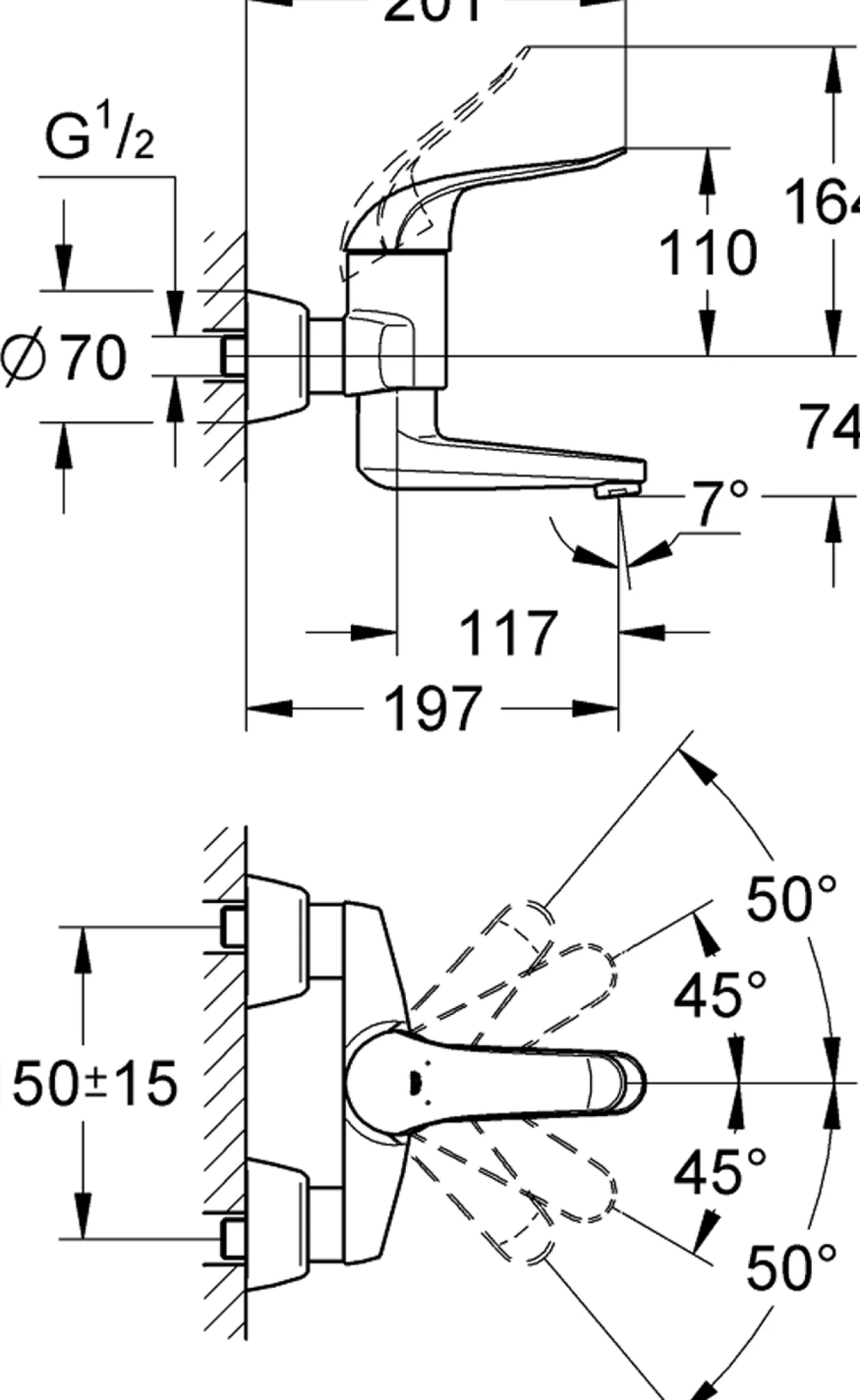 Grohe euroeco special servantbatteri for veggmontering 120mm krom