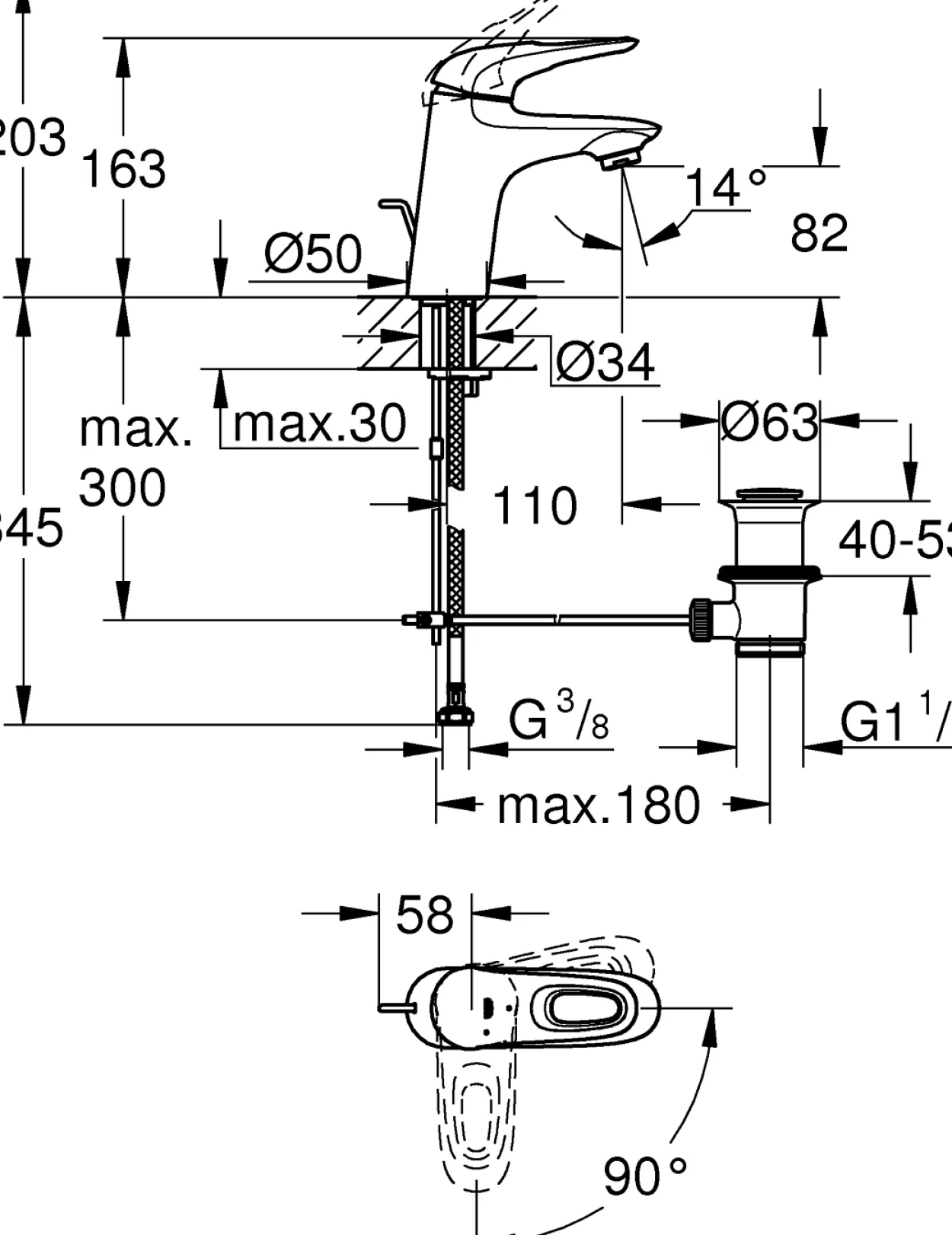 Grohe eurostyle servantbatteri small m/oppløftsventil, hvit