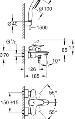 Grohe eurostyle solid kar- og dusjbatteri m/1-spray hånddusj krom