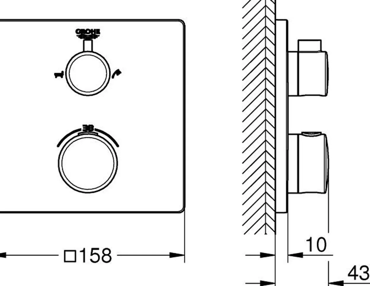 Grohe grohtherm badekartermostat firkantet for innbygging m/2 utløp krom