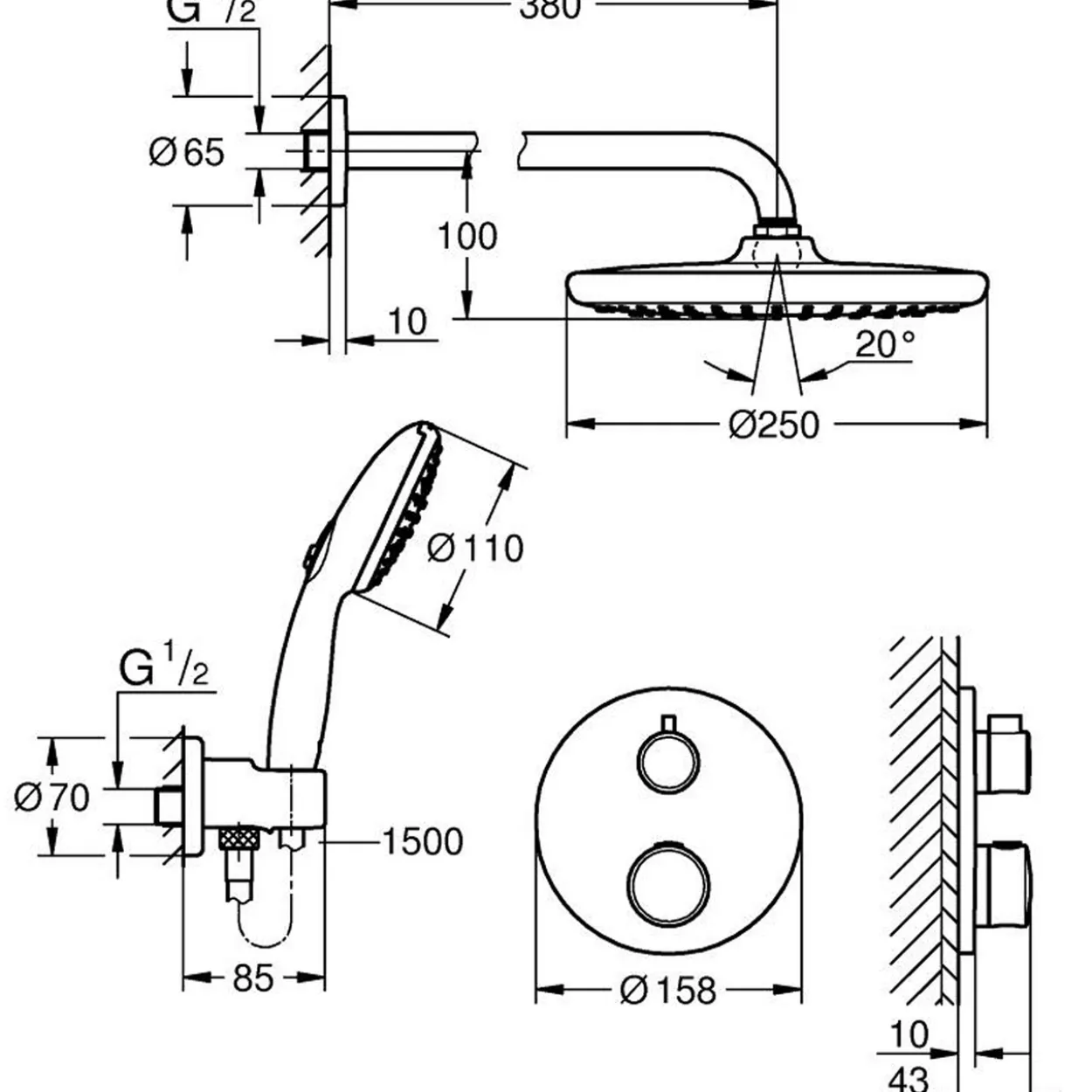 Grohe grohtherm dusjsett for innbygging round krom
