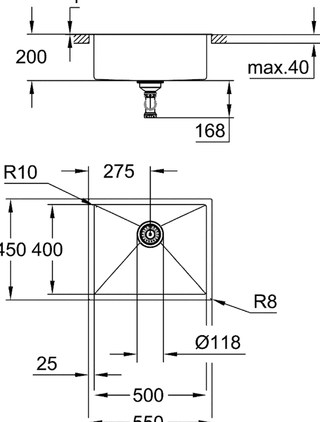 Grohe k700 kjøkkenkum 55x45 cm m/avløpsgarnityr rustfritt stål