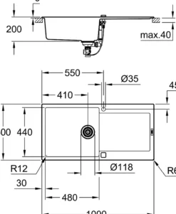 Grohe k500 kjøkkenkum 100x50 cm sort kvartskompositt m/avløpsgarnityr