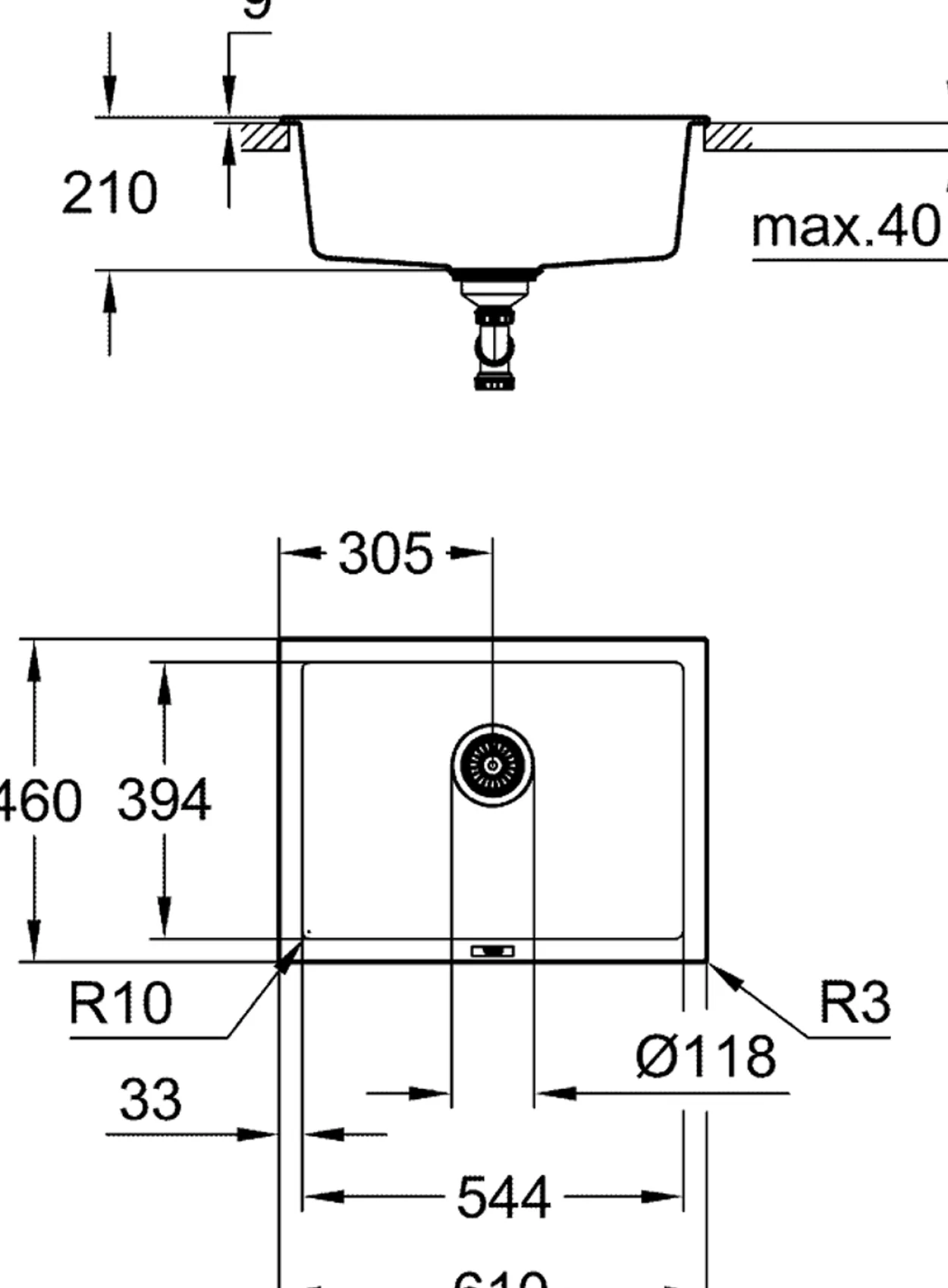 Grohe k700u kjøkkenkum 61x46 cm sort kvartskompositt m/avløpsgarnityr