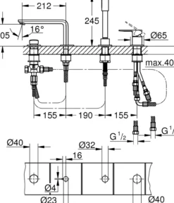 Grohe lineare 4-hulls badekarbatteri børstet hard grafitt