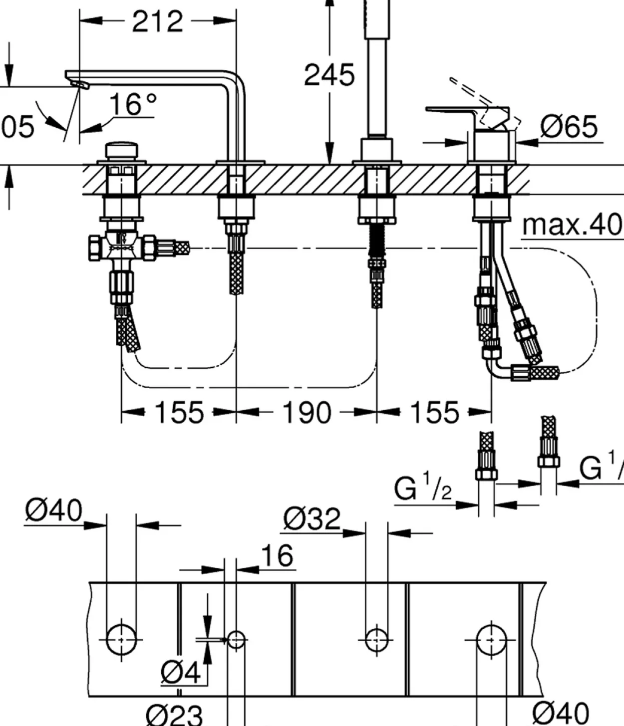 Grohe lineare 4-hulls badekarbatteri børstet hard grafitt