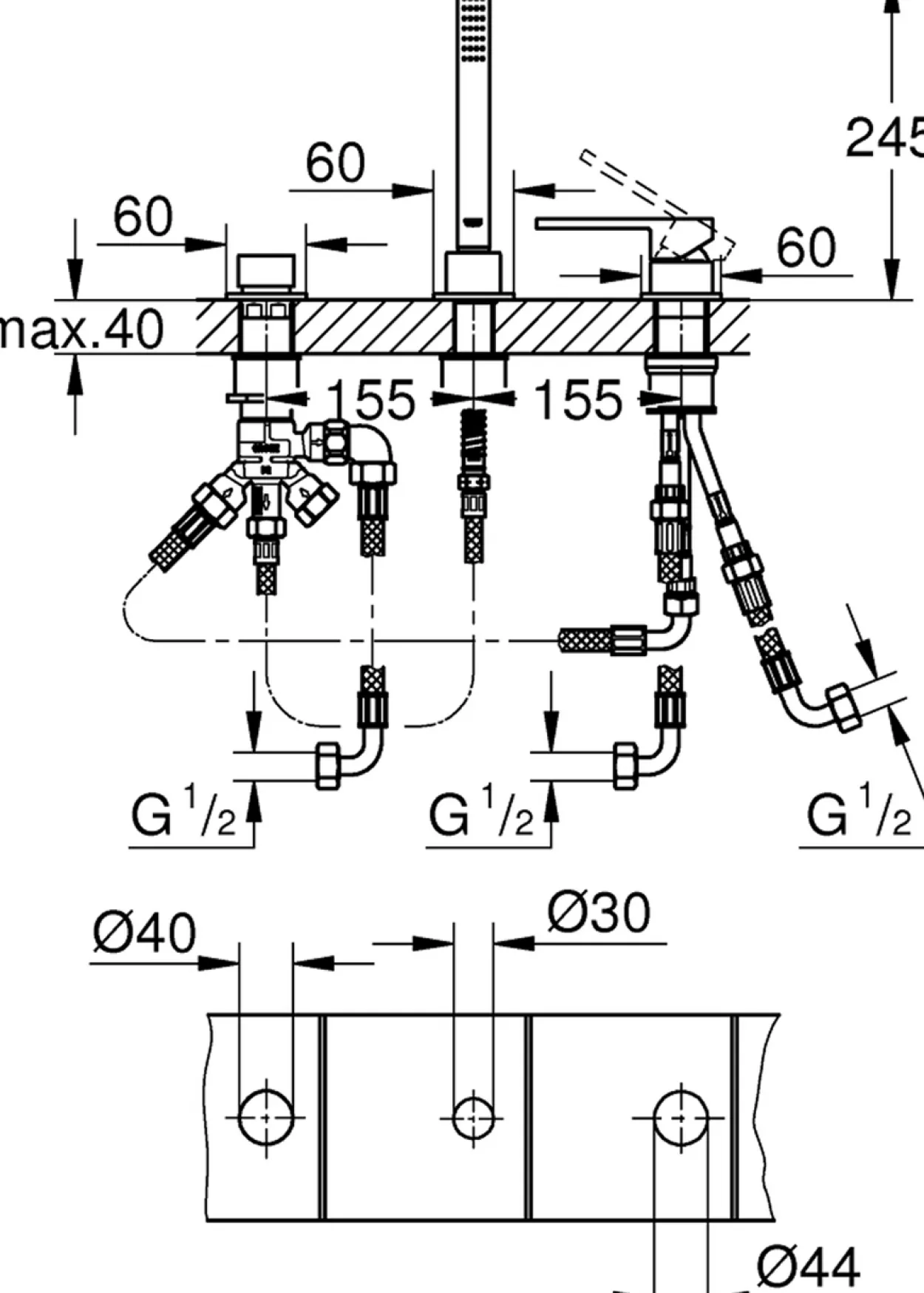 Grohe plus 3-hulls kar- og dusjbatteri krom