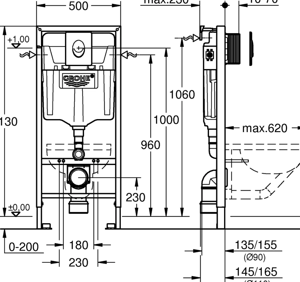 Grohe rapid sl sisterne 113 cm m/hvit betjeningsplate