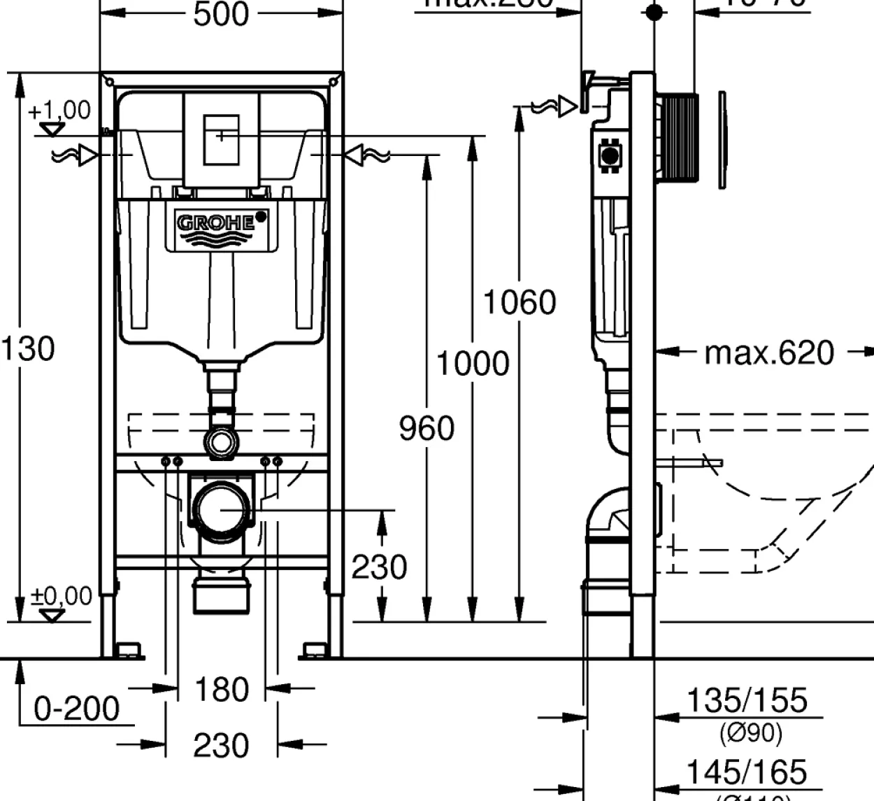 Grohe rapid sl sisterne 113 cm m/krom betjeningsplate