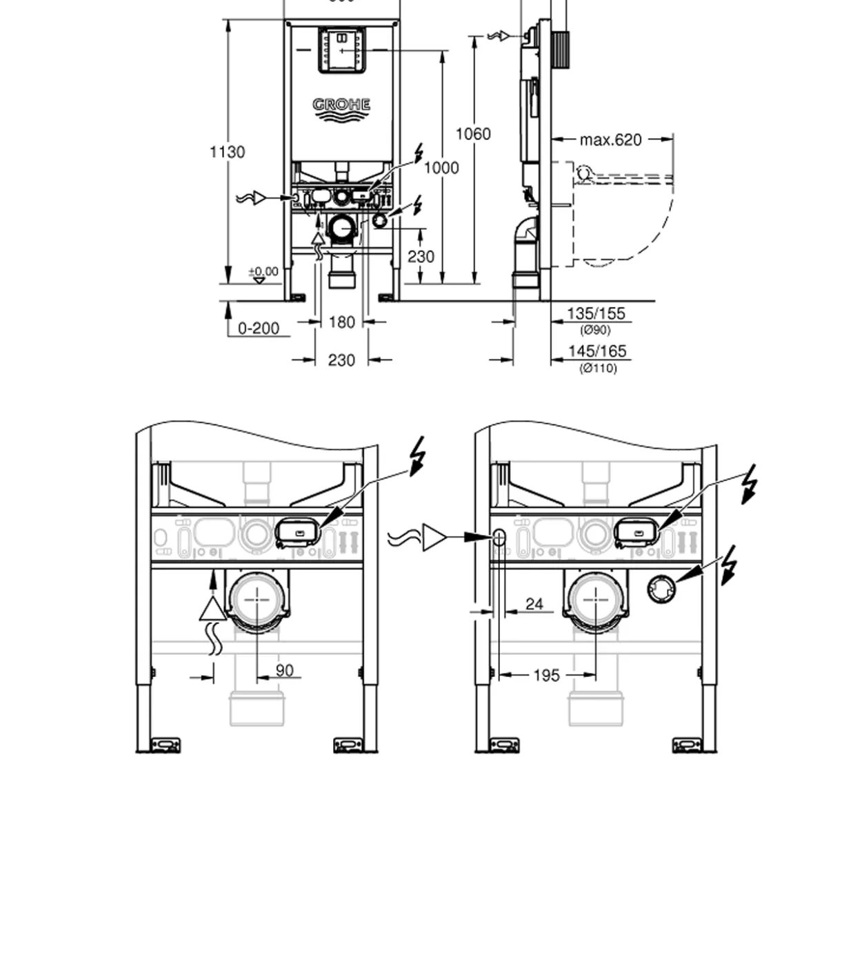 Grohe rapid slx sisterne 113cm m/integrert stikkontakt og dusjtoalettforbindelse