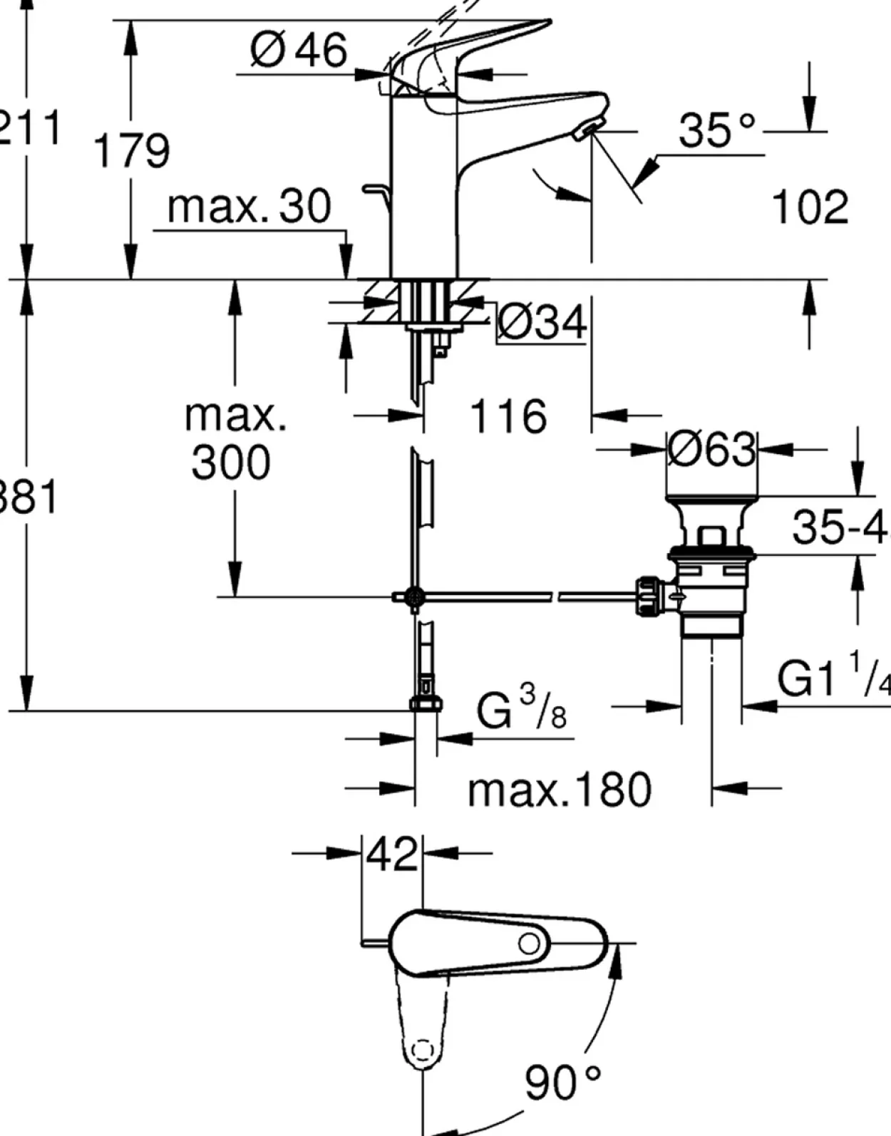 Grohe swift m servantbatteri m/oppløft & kaldstart krom