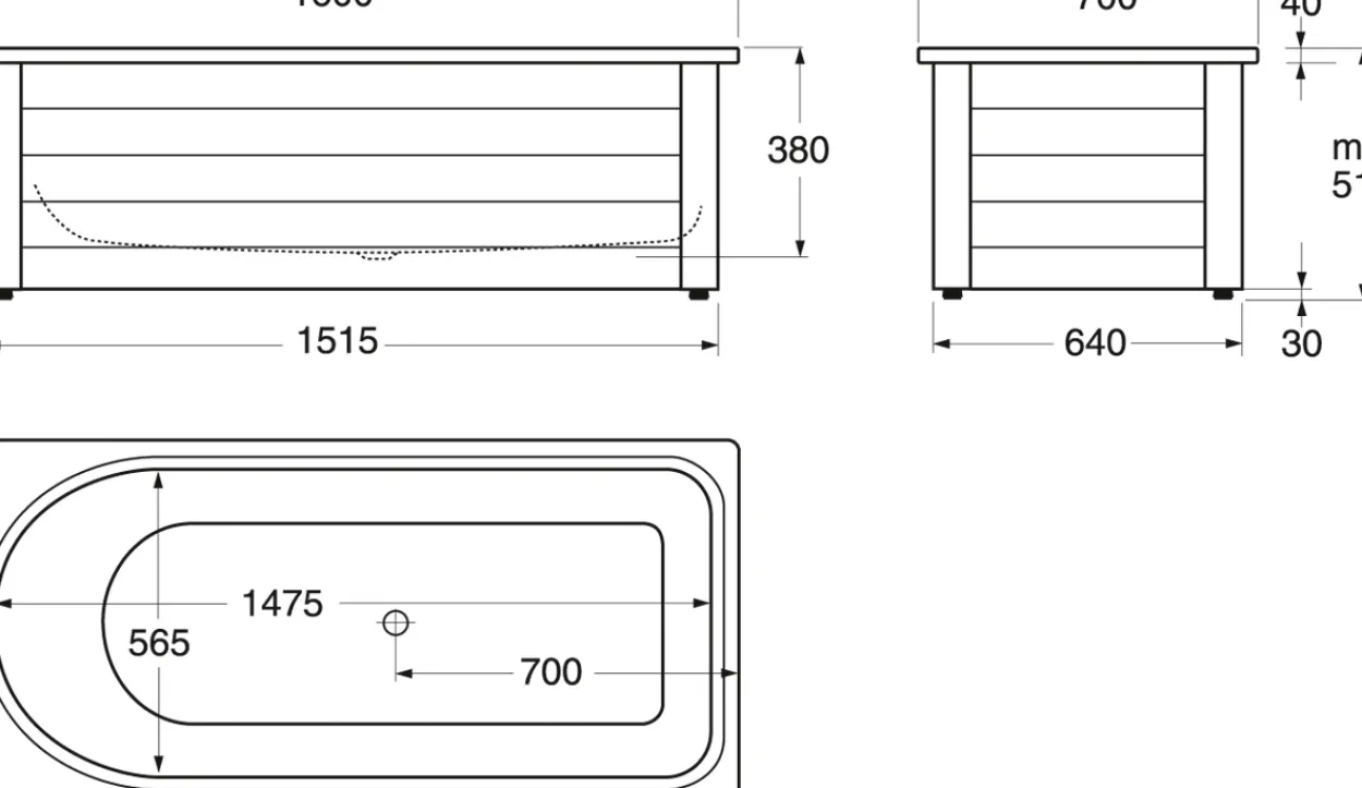 Gustavsberg 1607 badekar u/kombi-frontstativ m/glazeplus, 1600x700
