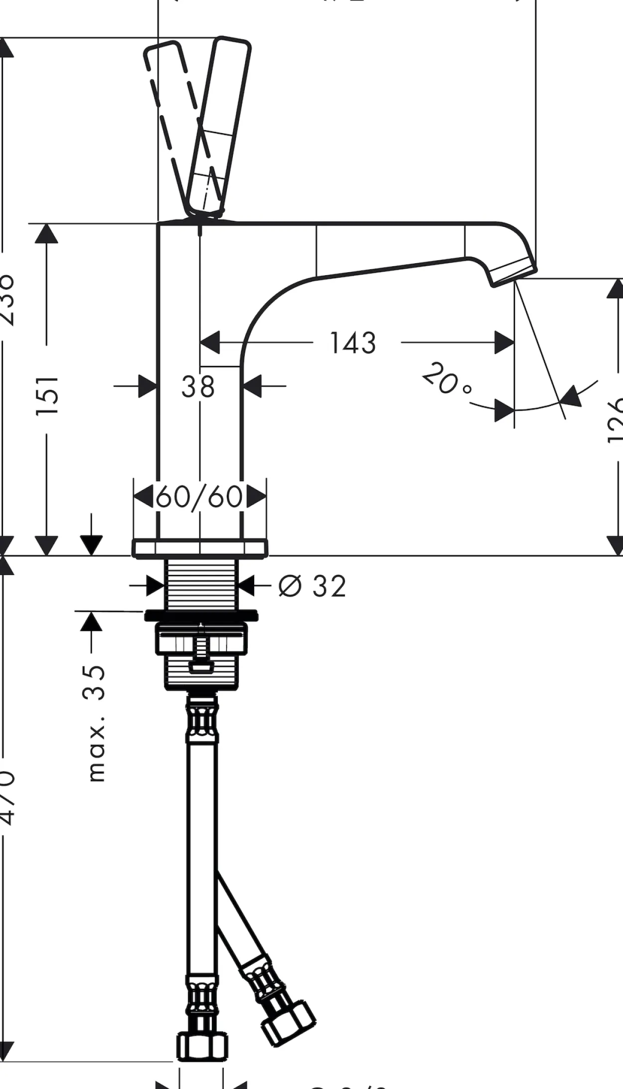 Hansgrohe axor citterio e 125 servantarmatur m/åpen bunnventil
