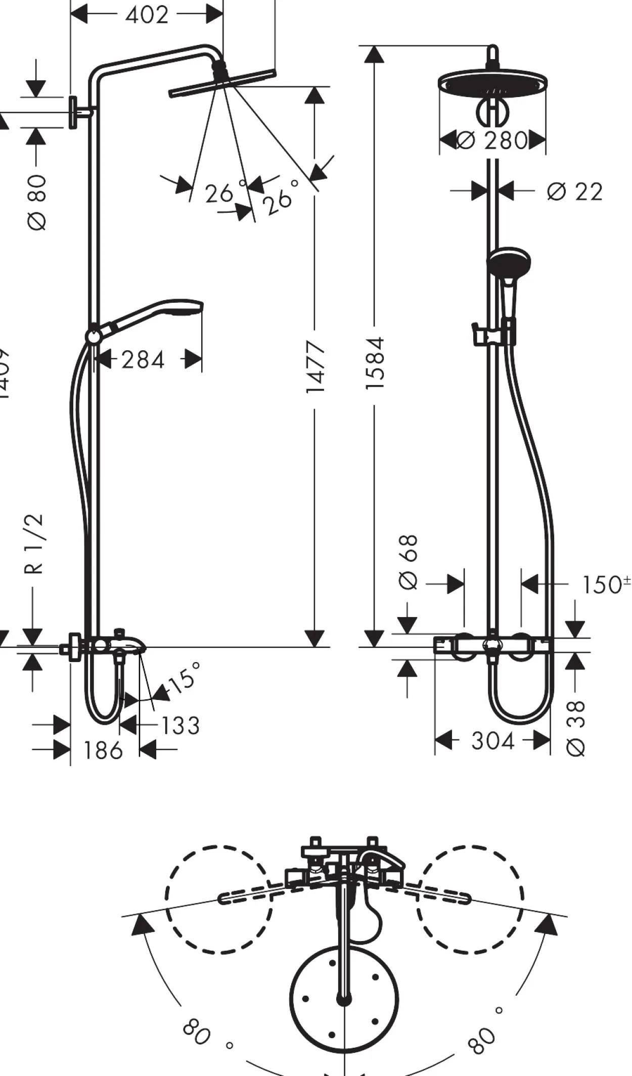 Hansgrohe croma select s 280 1jet dusjsett m/kartermostat