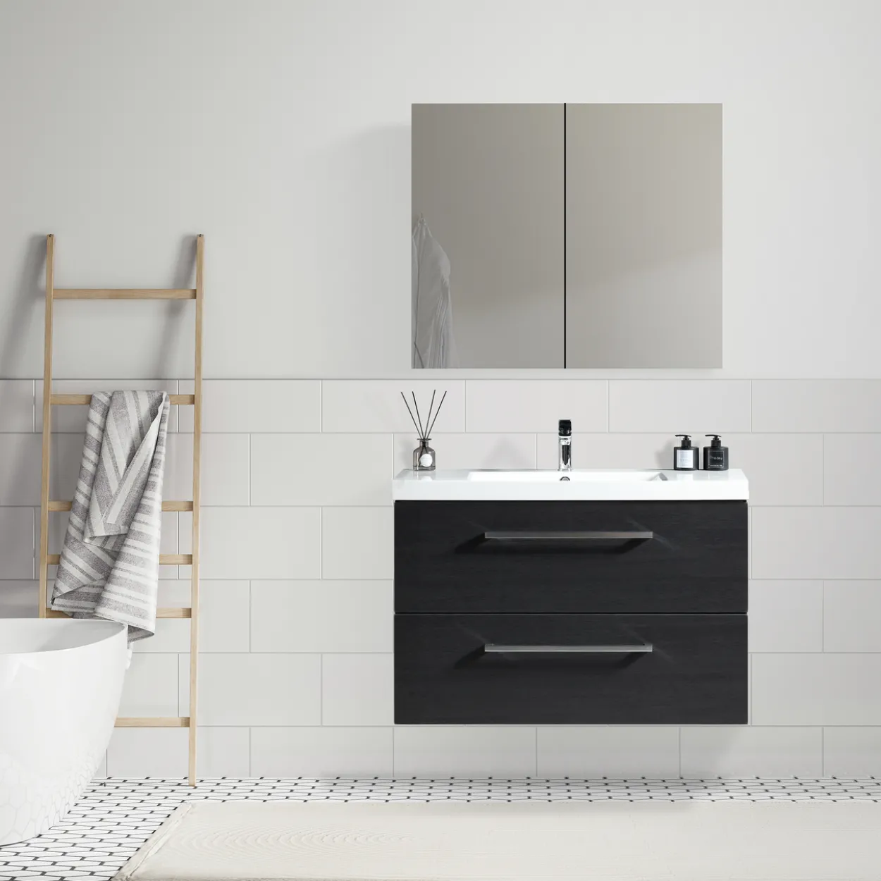 Lind luxury 80 sort baderomsmøbel m/enkel servant & speilskap