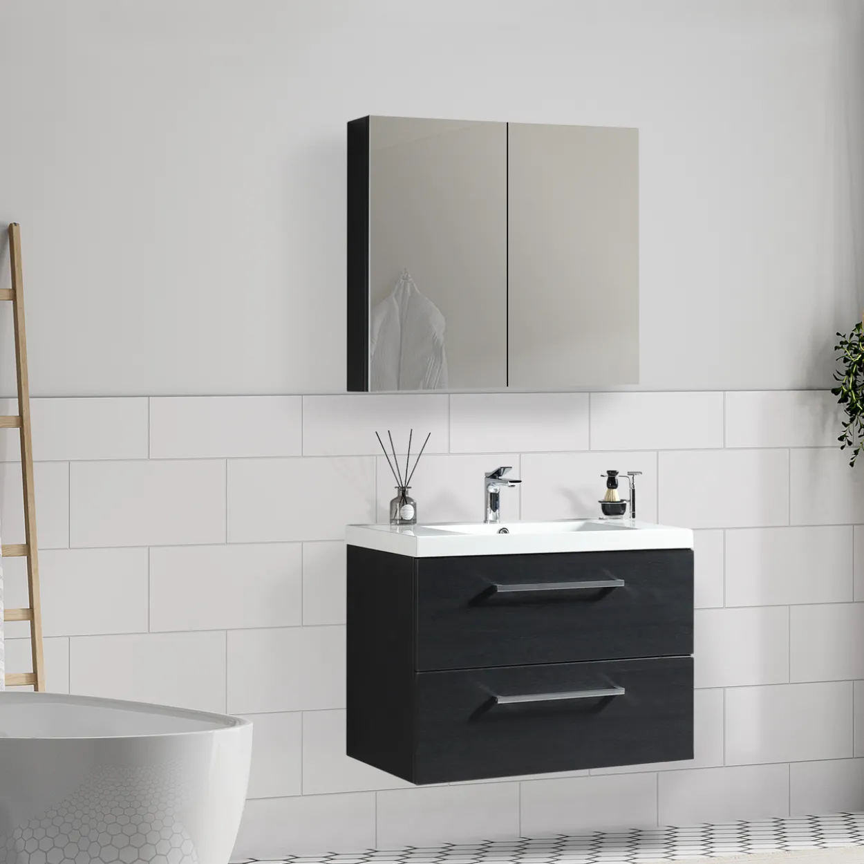 Lind luxury 80 sort baderomsmøbel m/enkel servant & speilskap