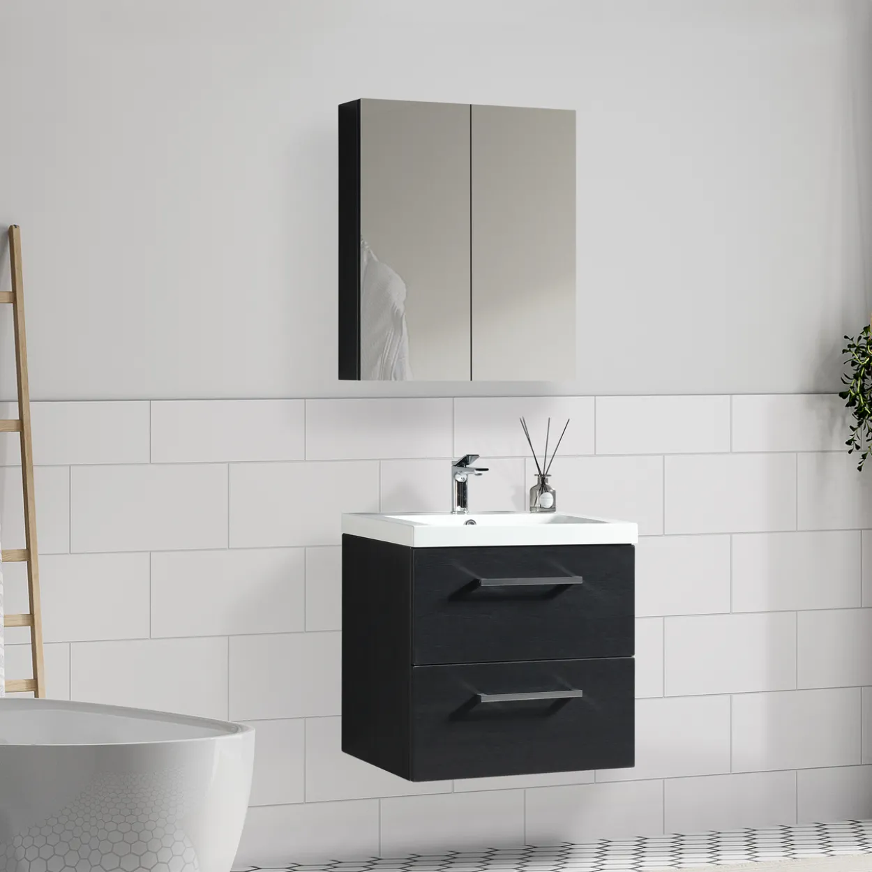 Lind luxury 60 sort baderomsmøbel m/enkel servant & speilskap