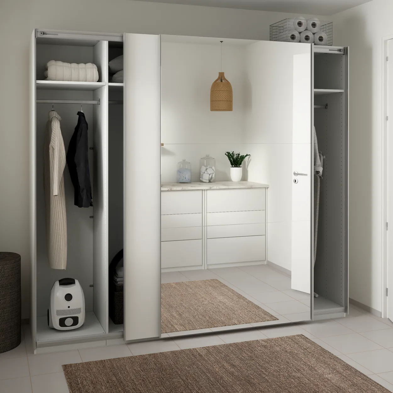 Lind nest skyvedørsgarderobe 250x220x67cm hvit med speil