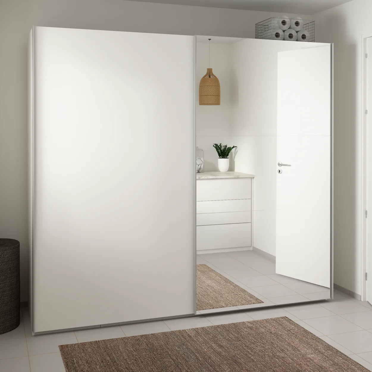 Lind nest skyvedørsgarderobe 250x220x67cm hvit med speil