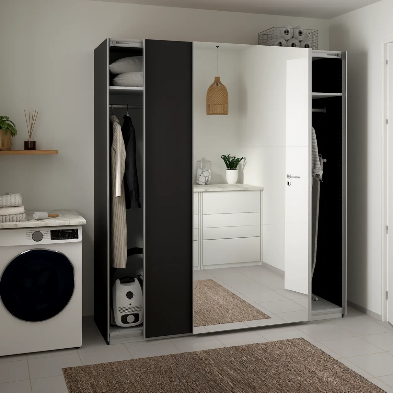 Lind nest skyvedørsgarderobe 200x220x67cm sort med speil