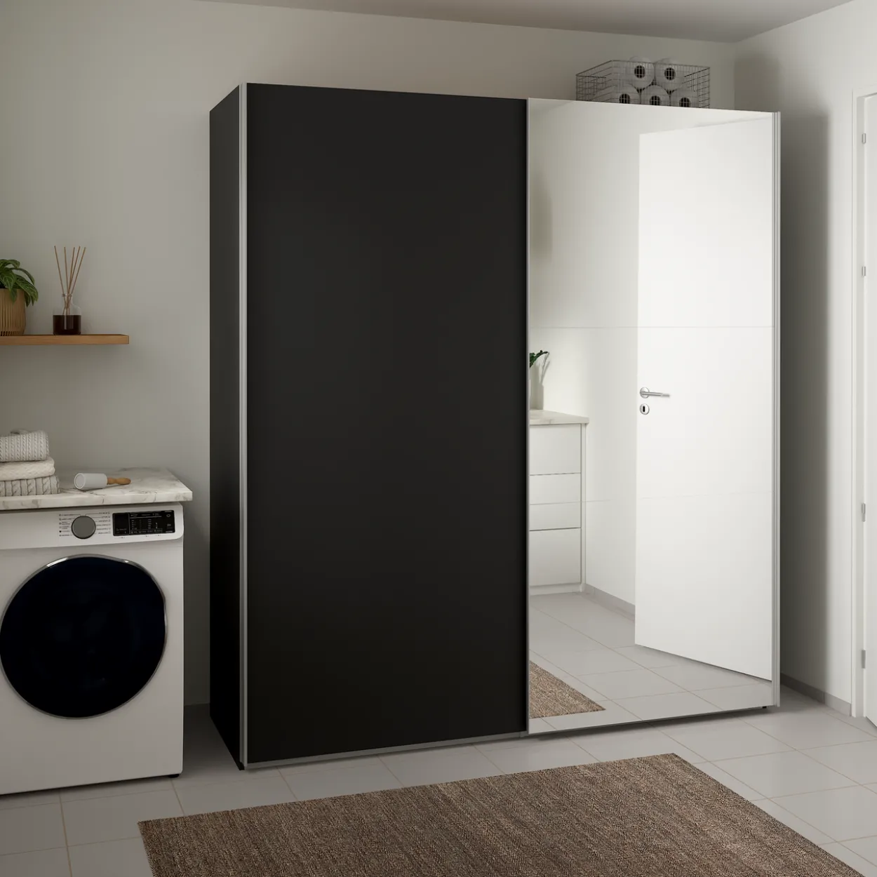 Lind nest skyvedørsgarderobe 200x220x67cm sort med speil