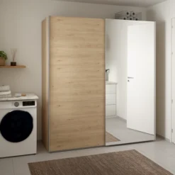 Lind nest skyvedørsgarderobe 200x220x67cm eik med speil