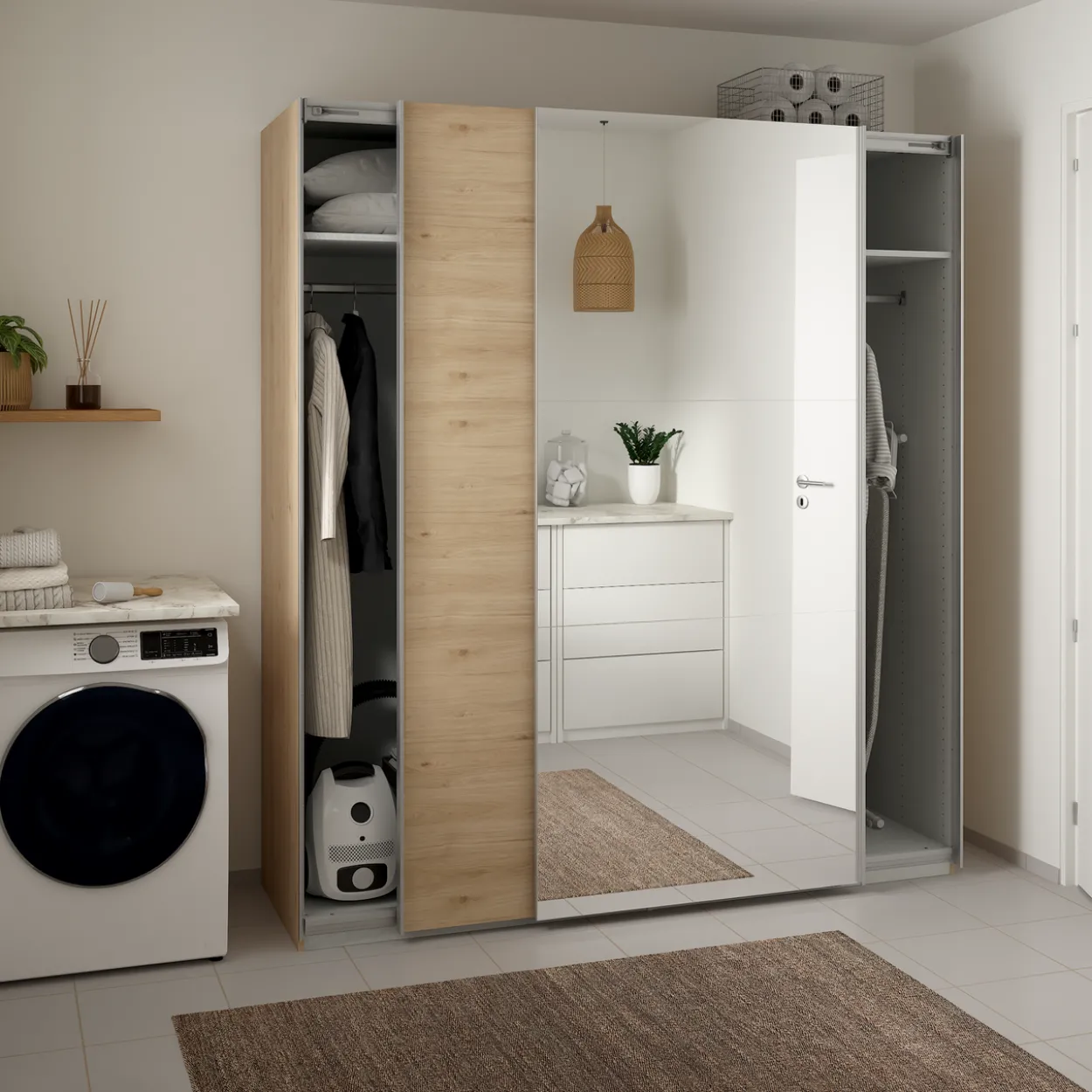 Lind nest skyvedørsgarderobe 200x220x67cm eik med speil