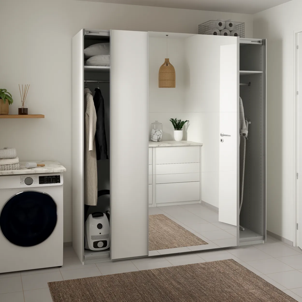 Lind nest skyvedørsgarderobe 200x220x67cm hvit med speil