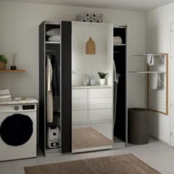 Lind nest skyvedørsgarderobe 150x220x67cm sort med speil