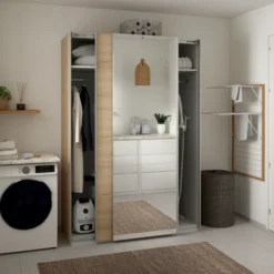 Lind nest skyvedørsgarderobe 150x220x67cm eik med speil