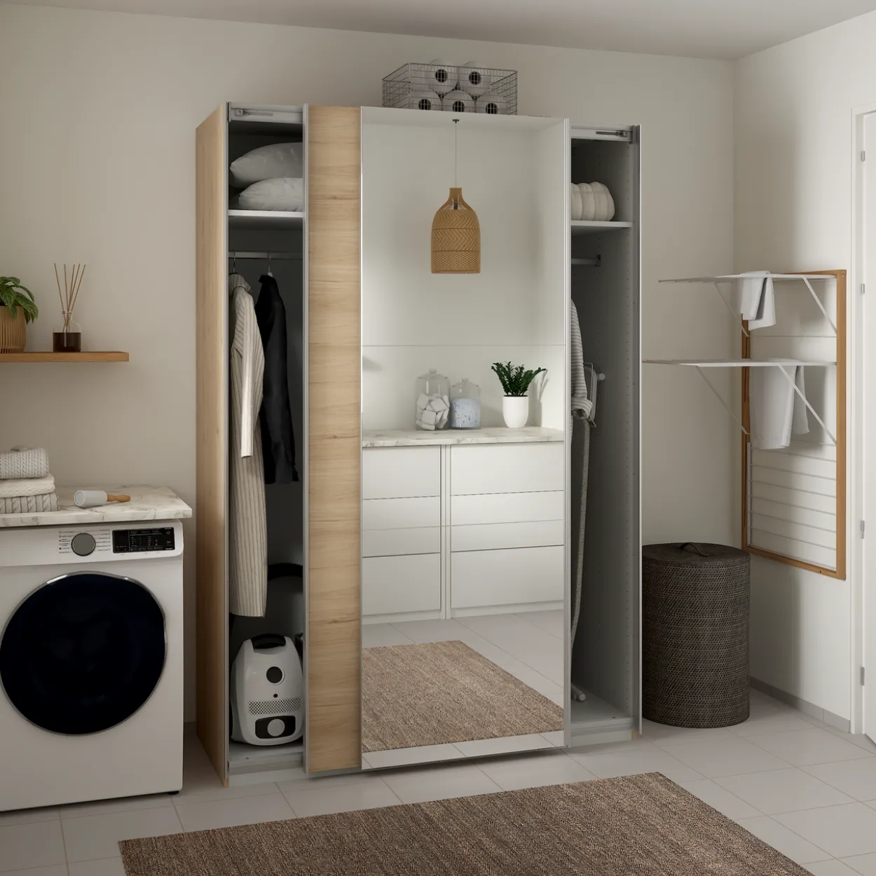 Lind nest skyvedørsgarderobe 150x220x67cm eik med speil