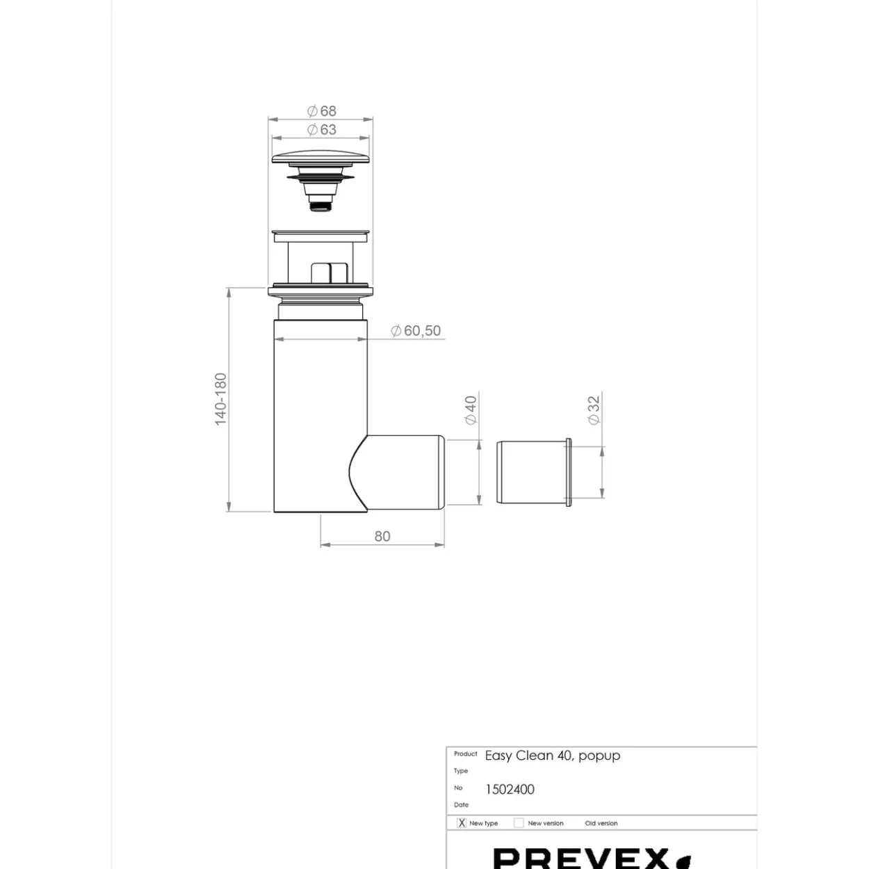 Prevex easyclean vannlås m/pop-up ventil matt sort ø 32/40 mm