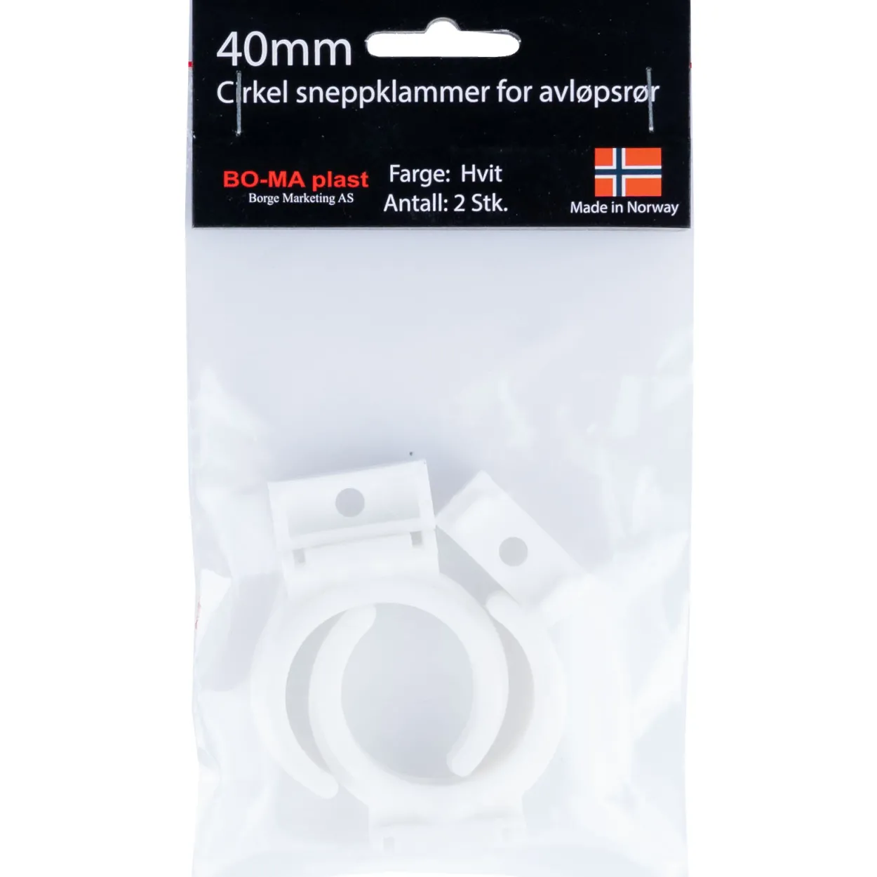 Rørklammer 40 mm hvit plast 2pk.