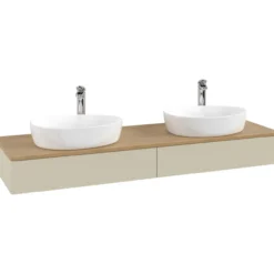 V&b antao servantskap 2 skuffer glatt 1600x190x500 for 2 serv. m/kranhull silkegrå/eik