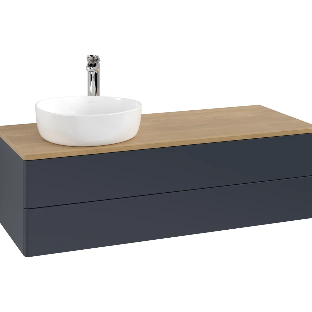 V&b antao servantskap 2 skuffer glatt 1200x360x500 venstre m/kranhull blå/eik