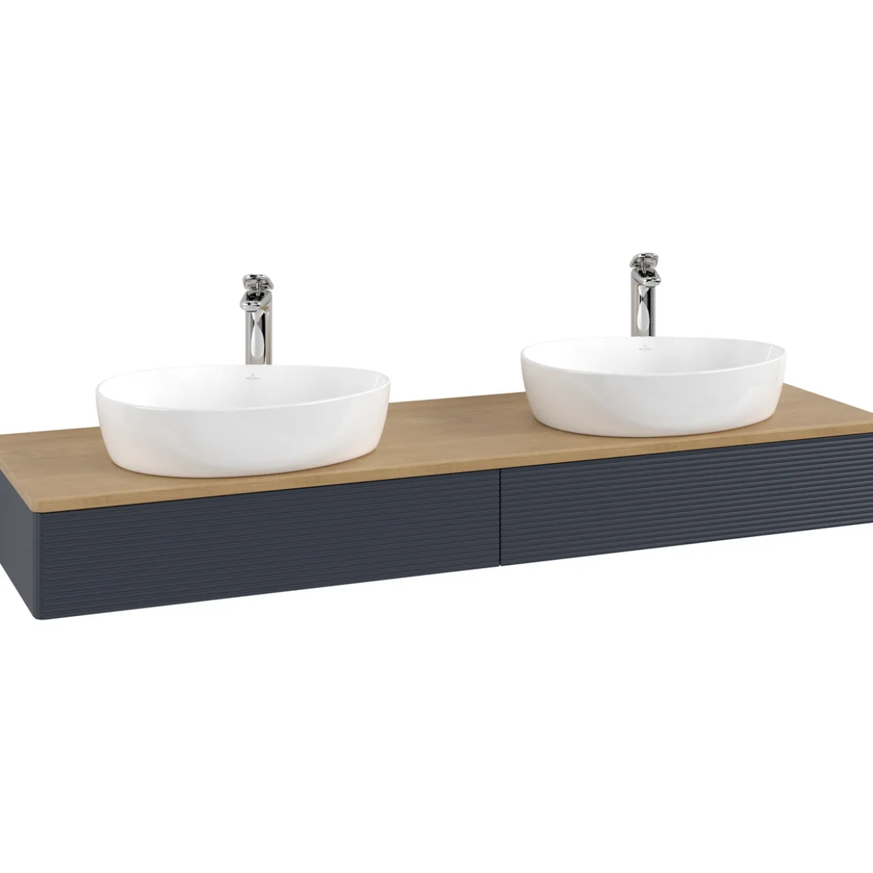 V&b antao servantskap 2 skuffer rillet 1600x190x500 for 2 serv. m/kranhull blå/eik