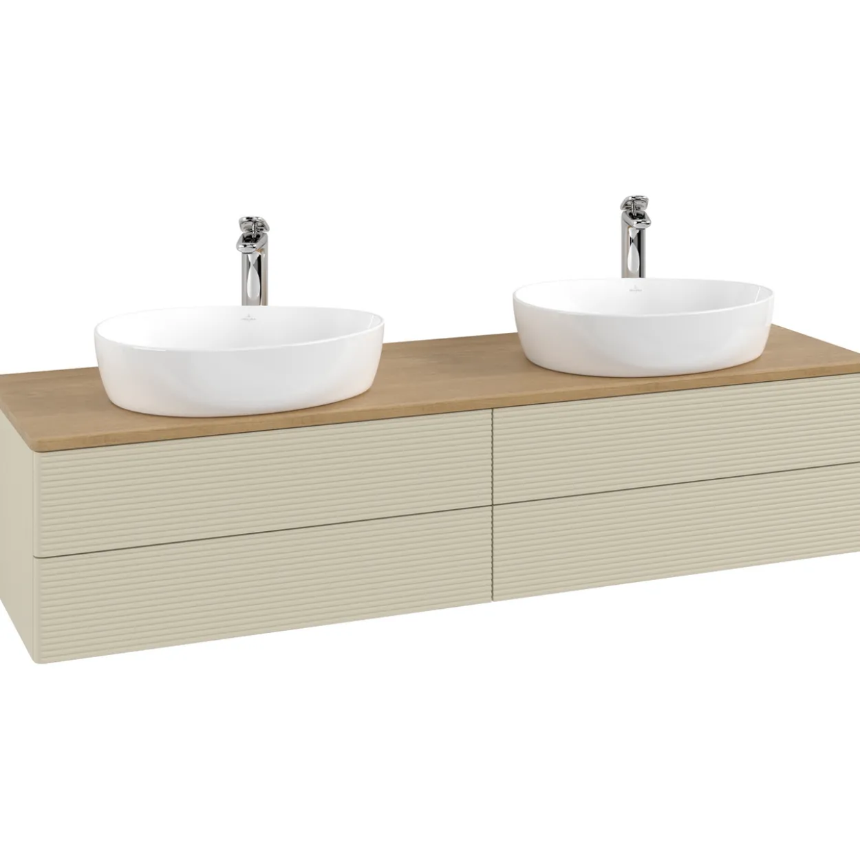 V&b antao servantskap 4 skuffer rillet 1600x360x500 for 2 serv. m/kranhull silkegrå/eik