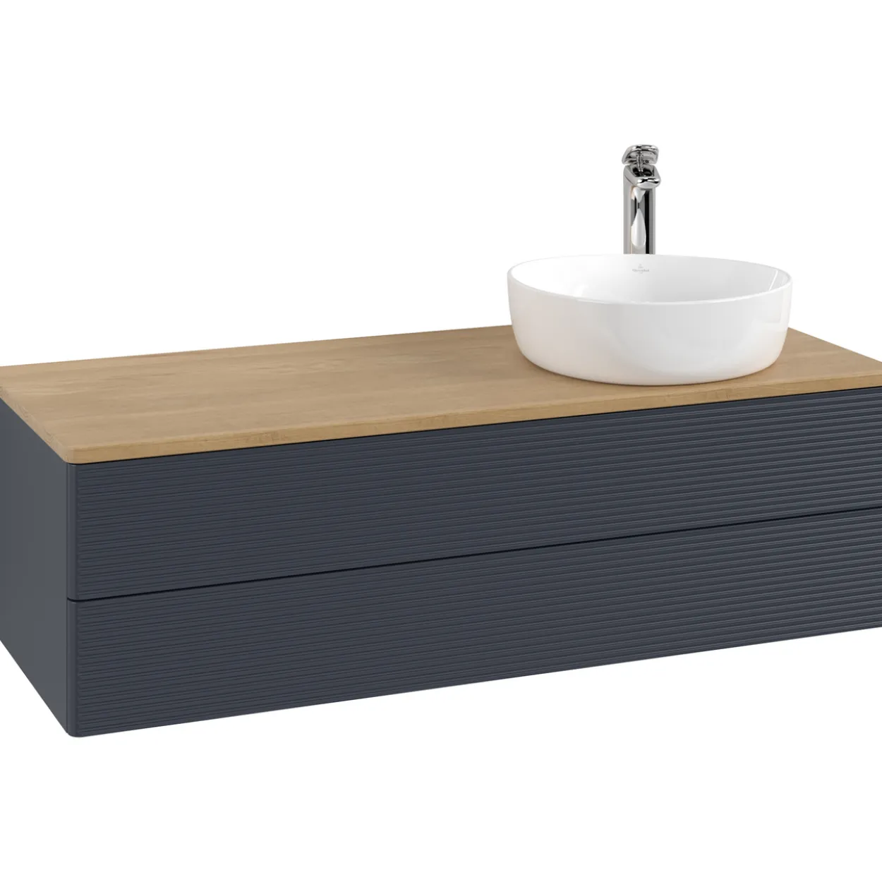 V&b antao servantskap 2 skuffer rillet 1200x360x500 høyre m/kranhull blå/eik