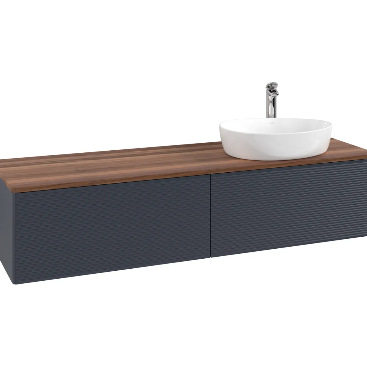 V&b antao servantskap 2 skuffer rillet 1600x360x500 høyre m/kranhull blå/valnøtt