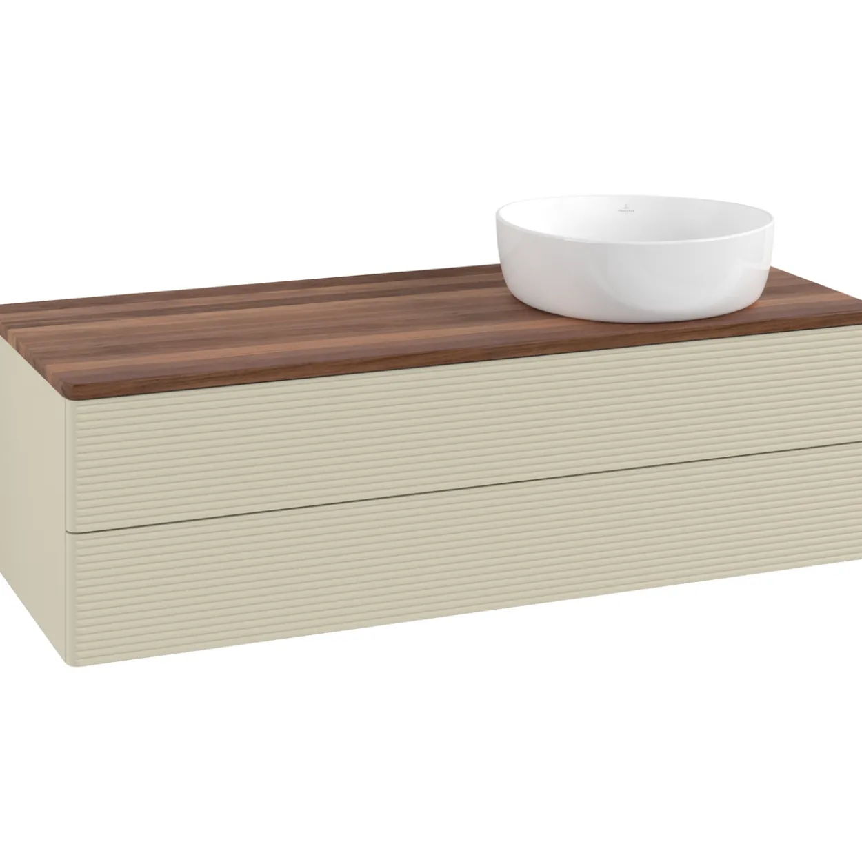 V&b antao servantskap 2 skuffer rillet 1200x360x500 høyre u/kranhull silkegrå/valnøtt