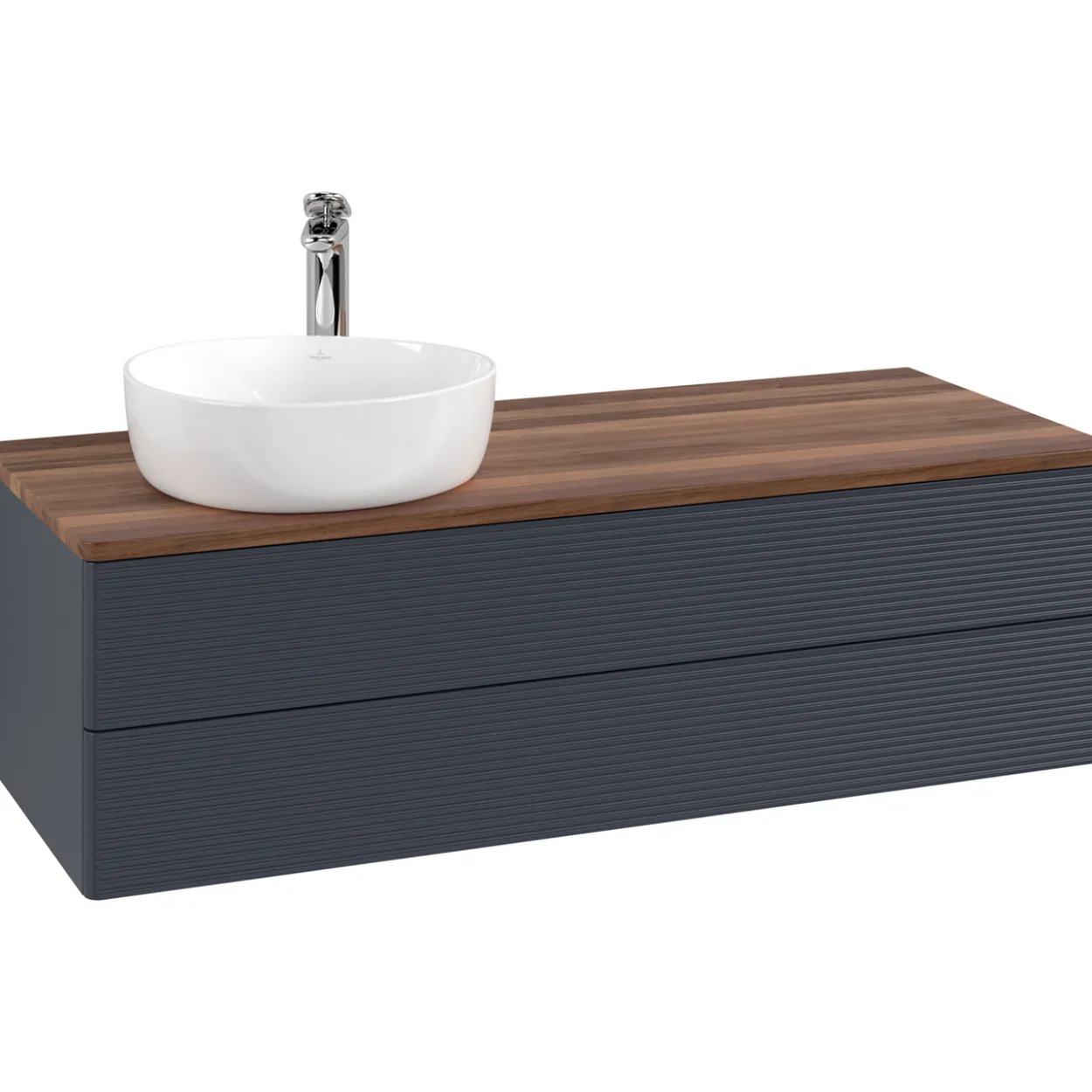 V&b antao servantskap 2 skuffer rillet 1200x360x500 venstre m/kranhull blå/valnøtt