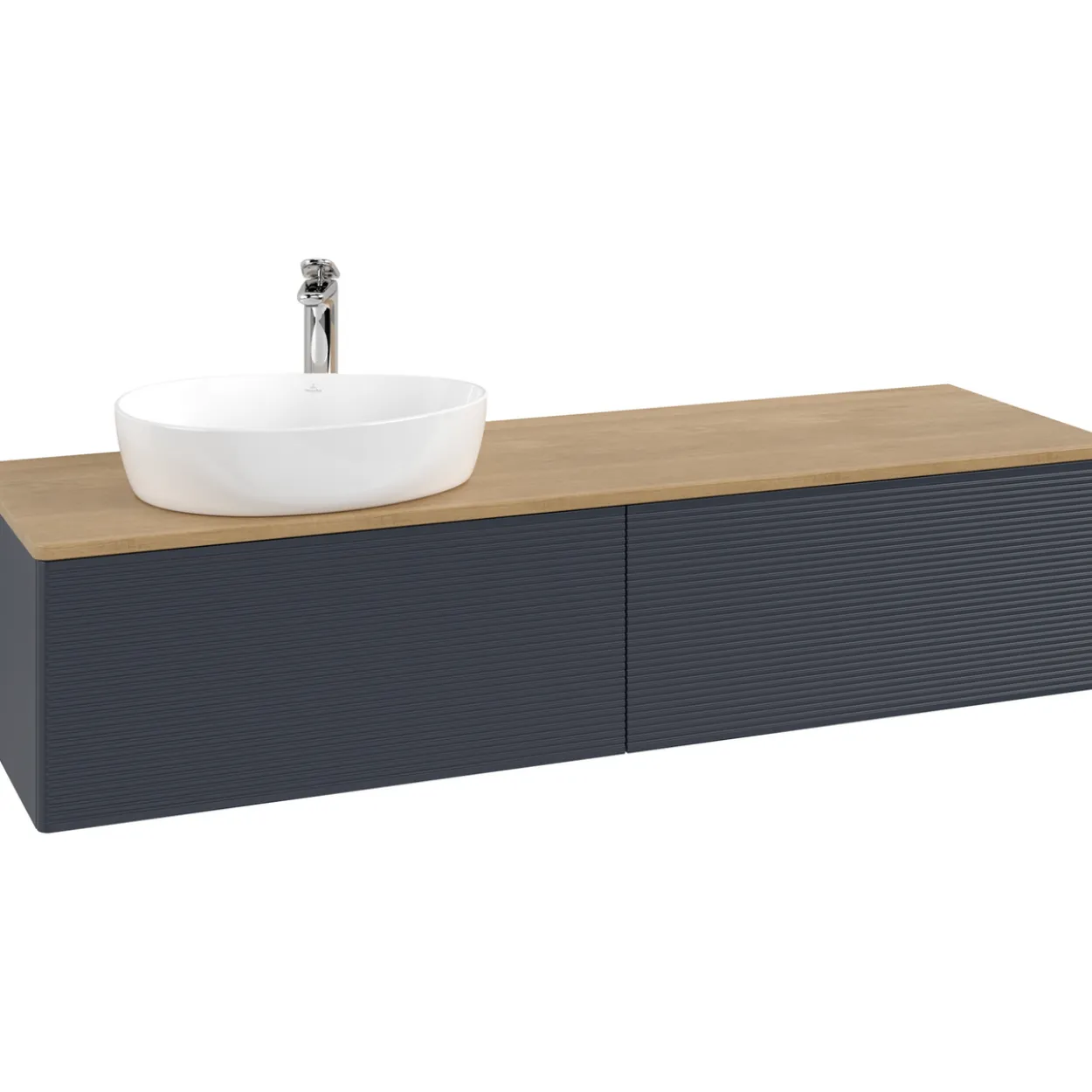 V&b antao servantskap 2 skuffer rillet 1600x360x500 venstre m/kranhull blå/eik