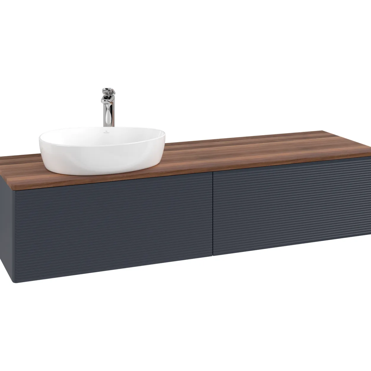 V&b antao servantskap 2 skuffer rillet 1600x360x500 venstre m/kranhull blå/valnøtt