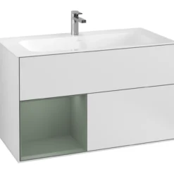 V&b finion servantskap 100 hvit matt lakk emotion-lys, venstrestilt olivengrønn hylle