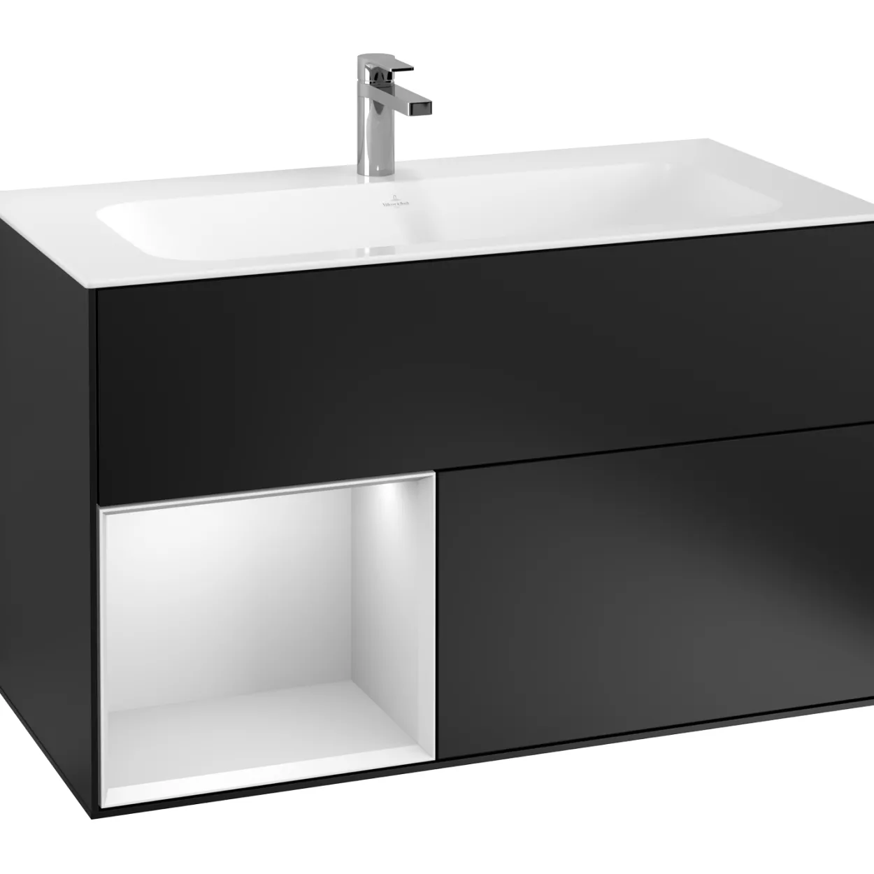 V&b finion servantskap 100 sort matt lakk emotion-lys, venstrestilt hvitmatt hylle