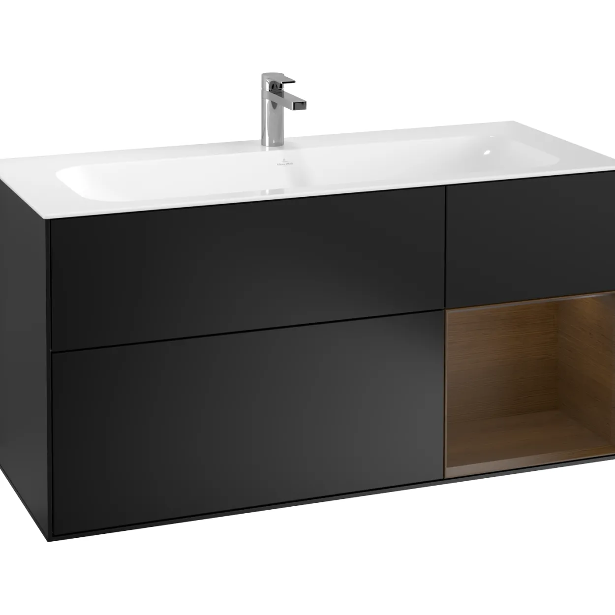 V&b finion servantskap 120 sort matt lakk m/lys høyrestilt valnøtthylle